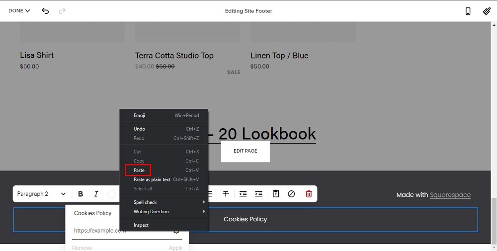 TermsFeed Squarespace: Website - Edit Site Footer - The Cookies Policy Link URL with Paste option highlighted