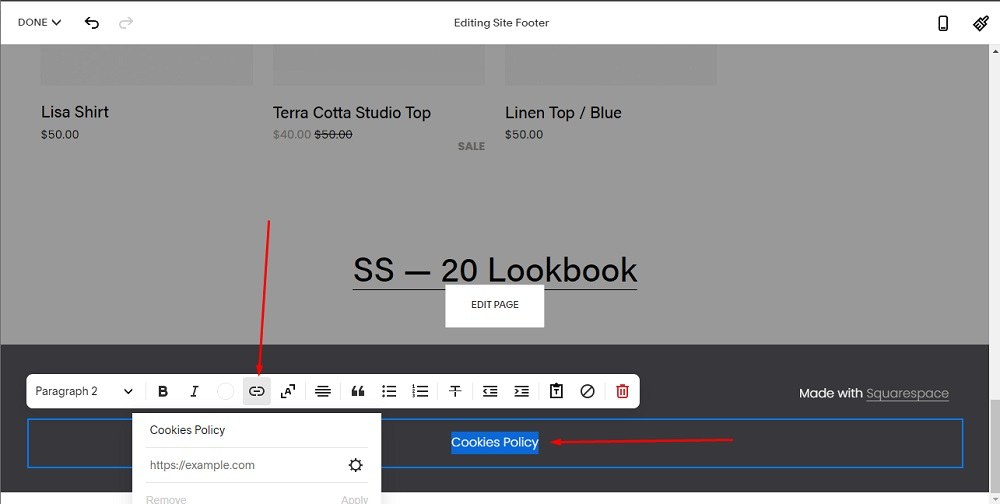 TermsFeed Squarespace: Website - Edit Site Footer - The Cookies Policy Text selected and Add Link option highlighted