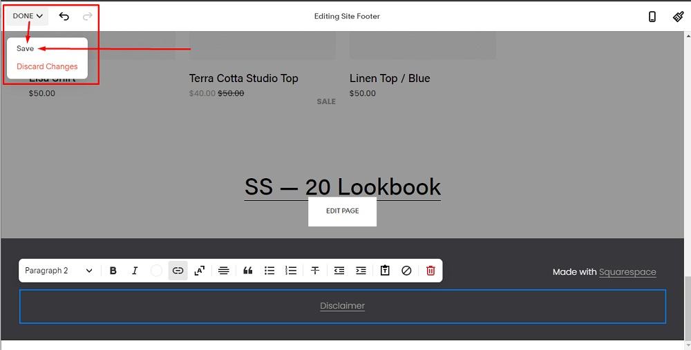 TermsFeed Squarespace: Website - Edit Site Footer - The Disclaimer Link URL added and Done and Save option highlighted
