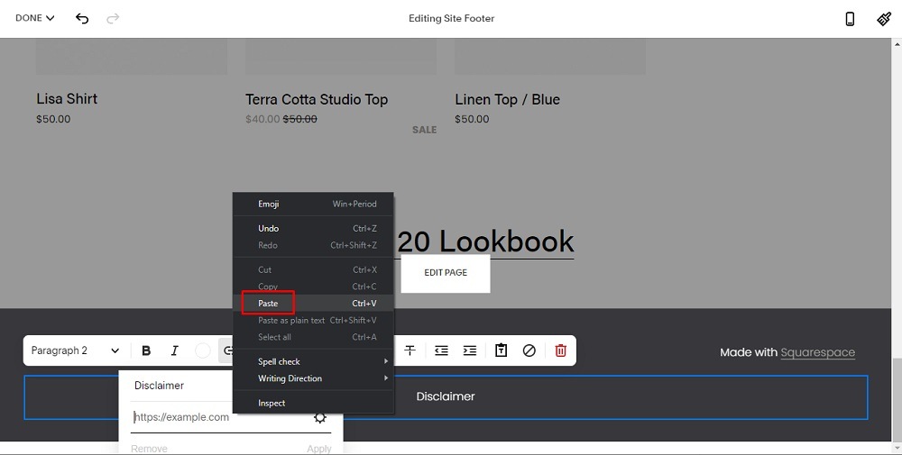 TermsFeed Squarespace: Website - Edit Site Footer - The Disclaimer Link URL with Paste option highlighted
