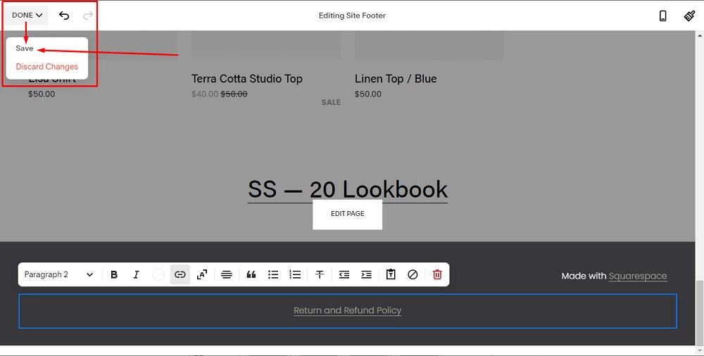 TermsFeed Squarespace: Website - Edit Site Footer - The Return and Refund Policy Link URL added and Done and Save option highlighted