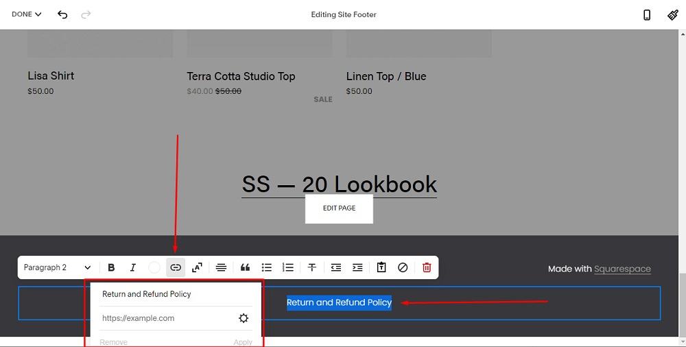 TermsFeed Squarespace: Website - Edit Site Footer - The Return and Refund Policy Text selected and Add Link option highlighted