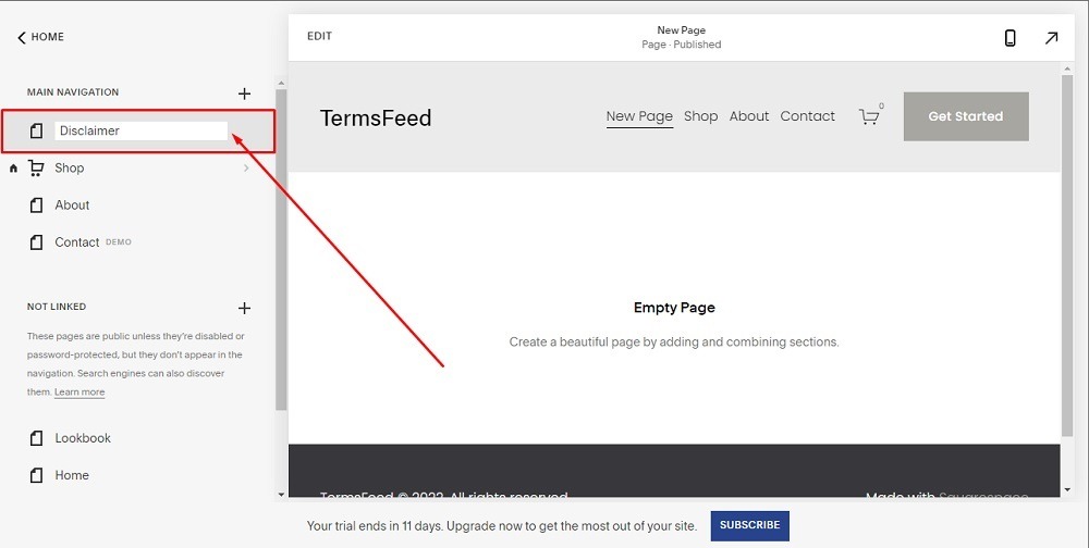 TermsFeed Squarespace: Website - Navigation Menu - Pages - Name New Page Disclaimer highlighted