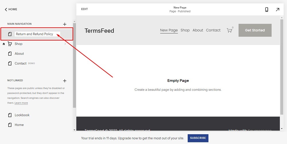 TermsFeed Squarespace: Website - Navigation Menu - Pages - Name New Page Return and Refund Policy highlighted