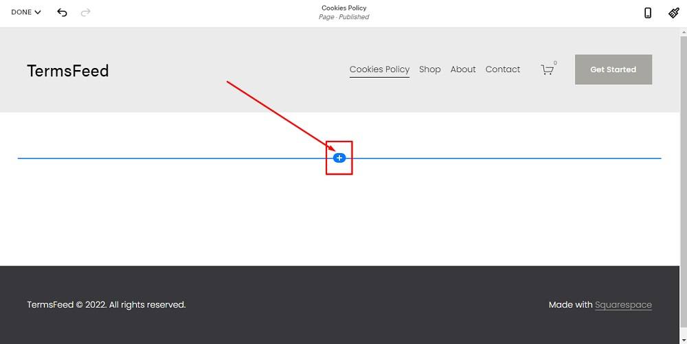 TermsFeed Squarespace: Website Pages - Cookies Policy - Add Blank Section with Plus sign highlighted