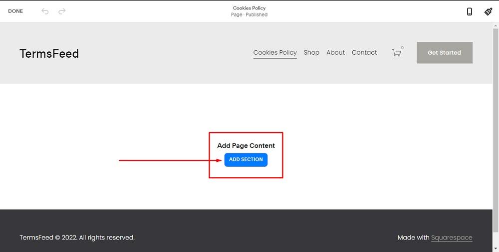 TermsFeed Squarespace: Website Pages - Cookies Policy with Add Page Content and Add Section button highlighted