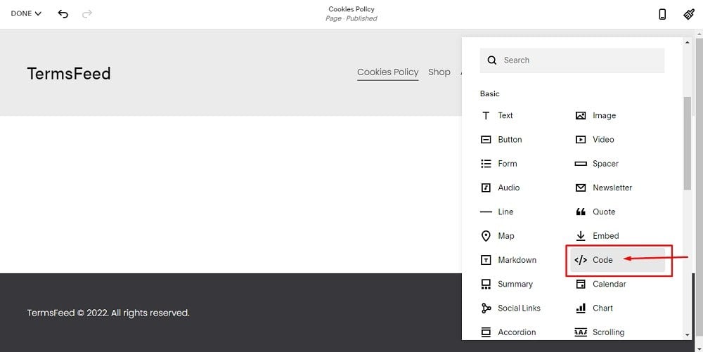 TermsFeed Squarespace: Website Pages - Cookies Policy - Add Section - Code highlighted