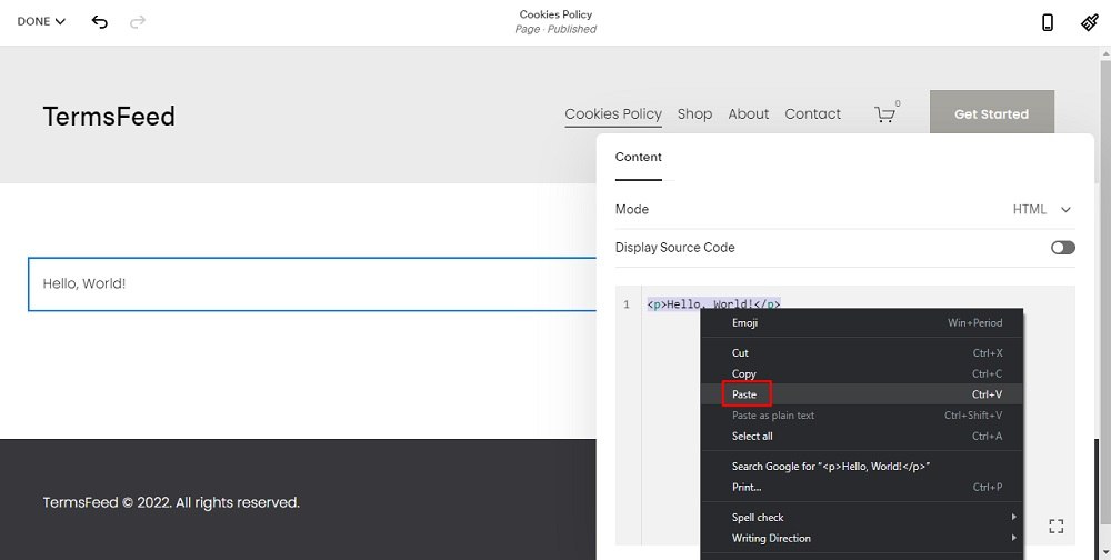 TermsFeed Squarespace: Website Pages - Cookies Policy - Add Section - Code - Paste option highlighted
