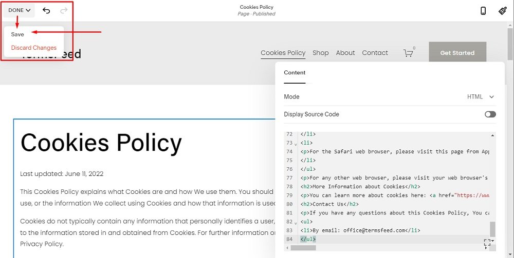 TermsFeed Squarespace: Website Pages - Cookies Policy - Code added with Done and Save option highlighted