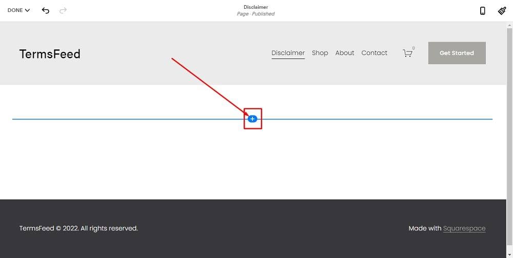 TermsFeed Squarespace: Website Pages - Disclaimer - Add Blank Section with Plus sign highlighted