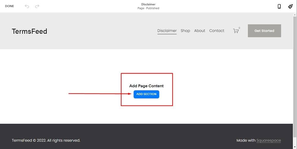 TermsFeed Squarespace: Website Pages - Disclaimer with Add Page Content and Add Section button highlighted