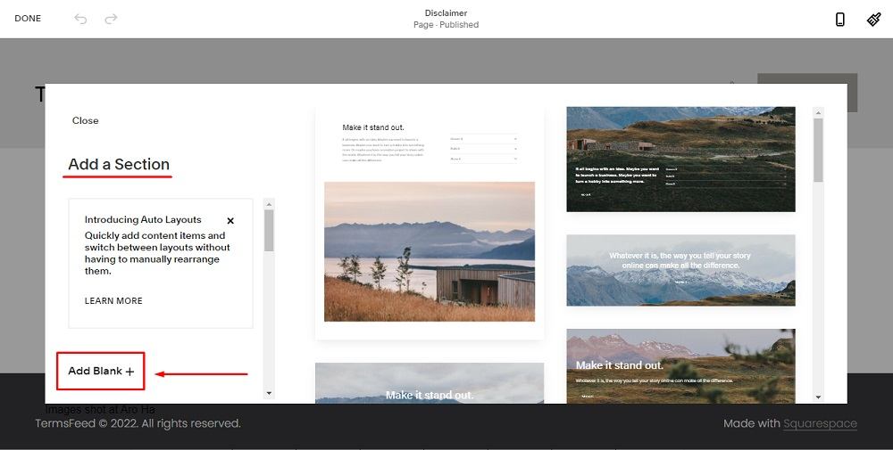 TermsFeed Squarespace: Website Pages - Disclaimer - Add Section with Add Blank highlighted