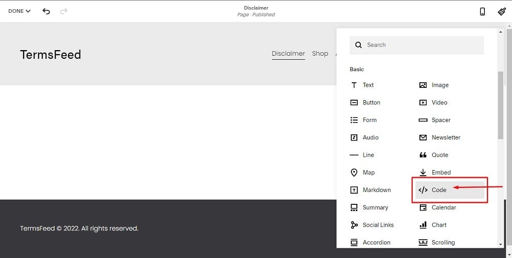 TermsFeed Squarespace: Website Pages - Disclaimer - Add Section - Code highlighted