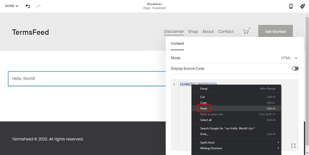 TermsFeed Squarespace: Website Pages - Disclaimer - Add Section - Code - Paste option highlighted