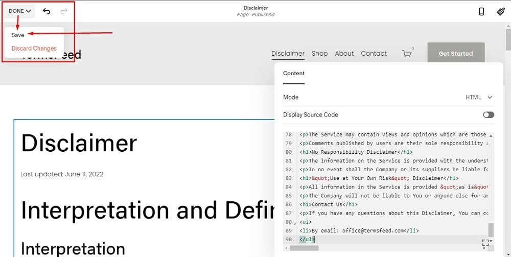 TermsFeed Squarespace: Website Pages - Disclaimer - Code added with Done and Save option highlighted