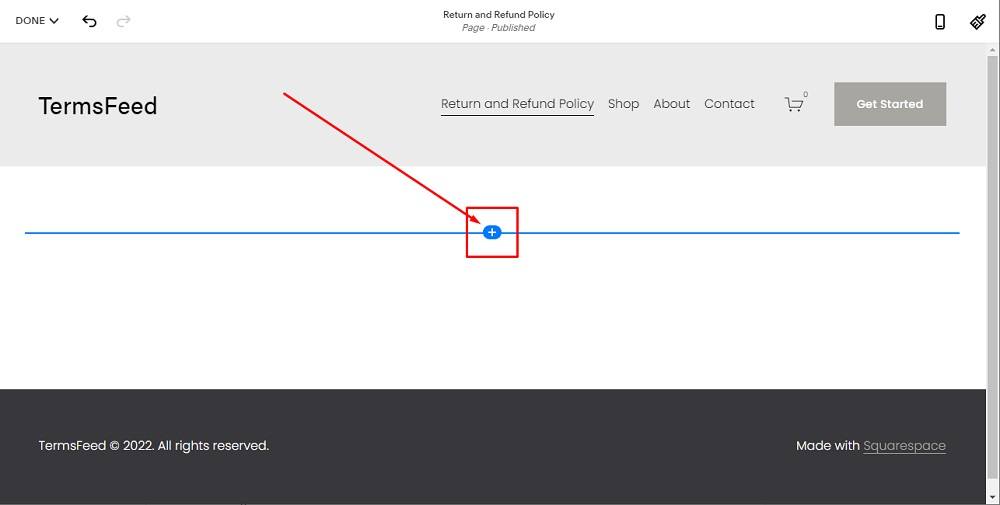 TermsFeed Squarespace: Website Pages - Return and Refund Policy - Add Blank Section with Plus sign highlighted