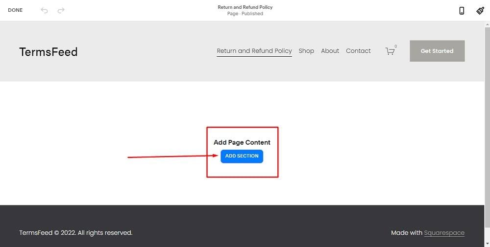 TermsFeed Squarespace: Website Pages - Return and Refund Policy with Add Page Content and Add Section button highlighted