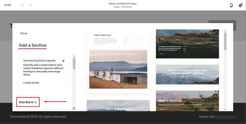 TermsFeed Squarespace: Website Pages - Return and Refund Policy - Add Section with Add Blank highlighted