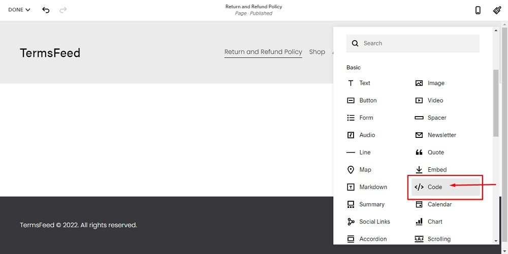 TermsFeed Squarespace: Website Pages - Return and Refund Policy - Add Section - Code highlighted