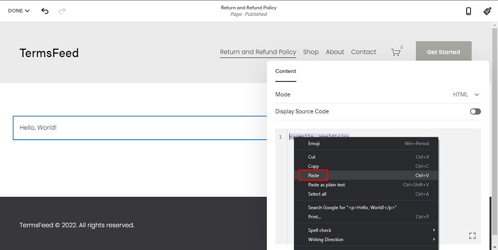 TermsFeed Squarespace: Website Pages - Return and Refund Policy - Add Section - Code - Paste option highlighted