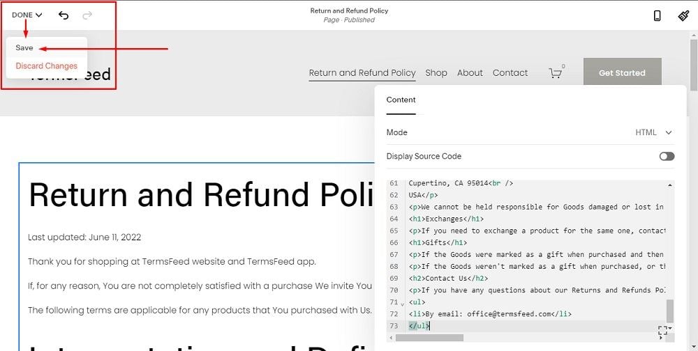 TermsFeed Squarespace: Website Pages - Return and Refund Policy - Code added with Done and Save option highlighted