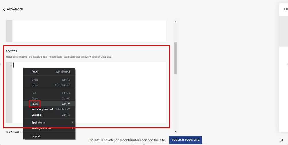TermsFeed Squarespace: Website - Settings - Advanced - Code Injection - Footer -  Paste option highlighted