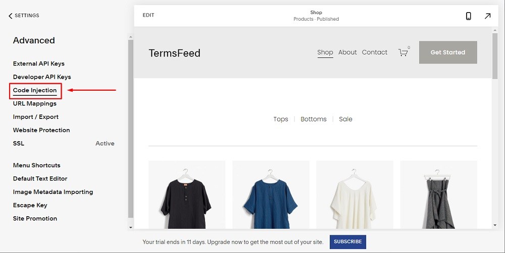 TermsFeed Squarespace: Website - Settings - Advanced with Code Injection option highlighted