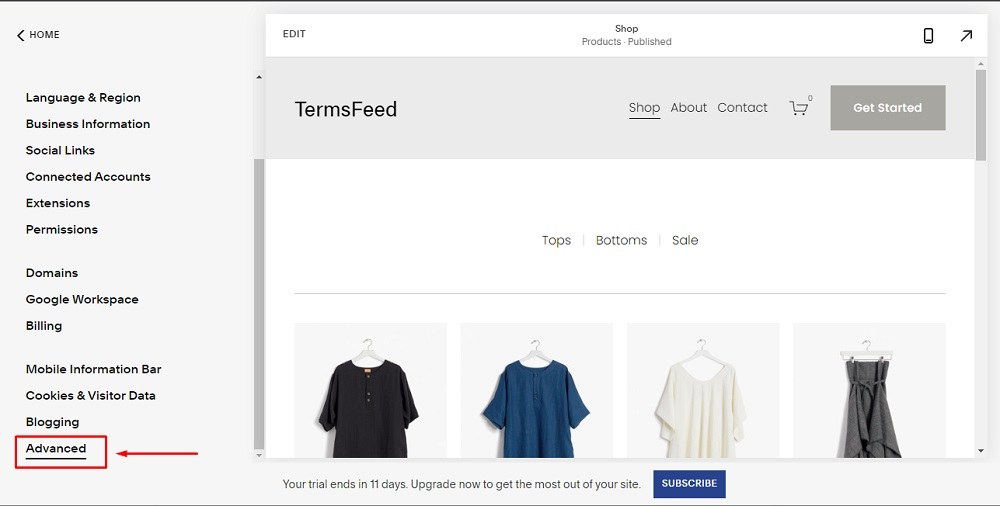 TermsFeed Squarespace: Website - Settings with Advanced option highlighted