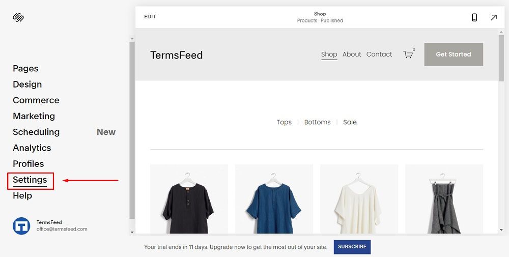 TermsFeed Squarespace: Website with Settings option highlighted