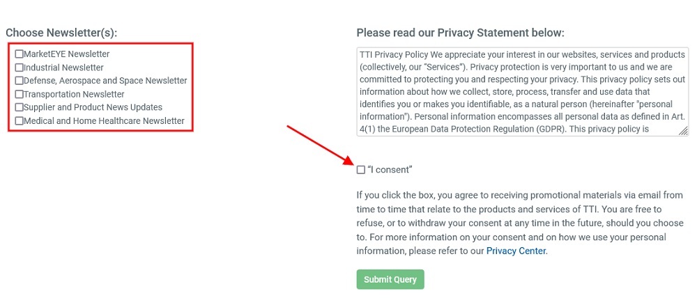 TTI Europe subscribe to email newsletter form with consent checkboxes highlighted
