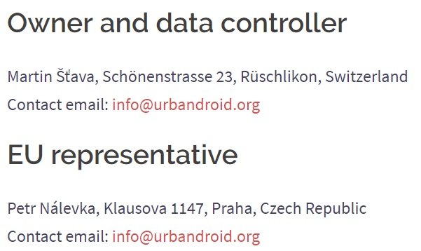 Urbandroid Privacy Policy: Owner and data controller and EU representative clauses