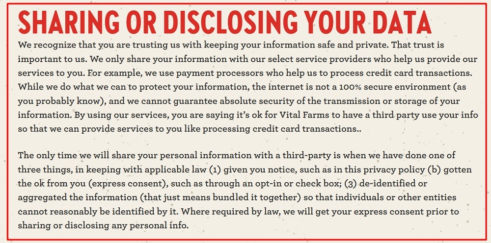 Vital Farms Privacy Policy: Sharing or Disclosing Your Data clause