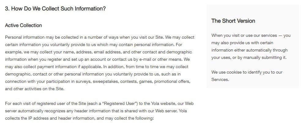 Yola Privacy Policy: How Do We Collect Such Information clause - Active Collection section with Short Version