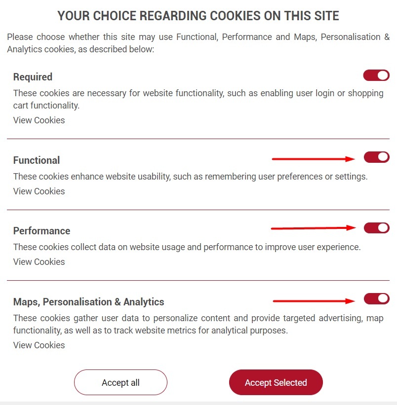 AGCO cookie preference center with cookie types and consent toggles