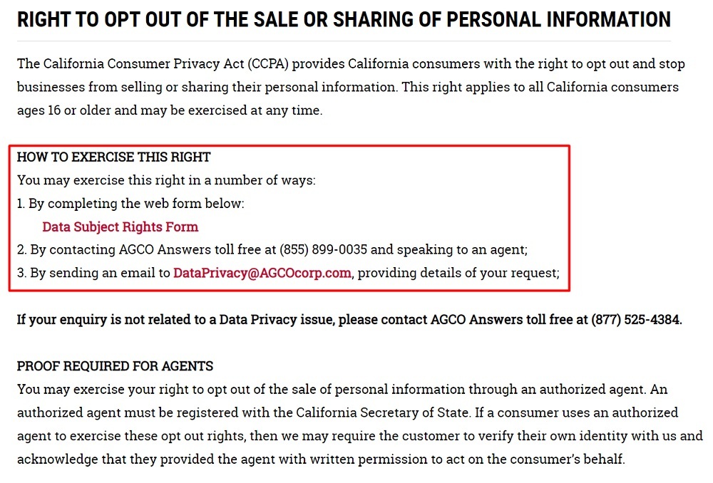 AGCO Right to Opt Out of the Sale or Sharing of Personal Information page