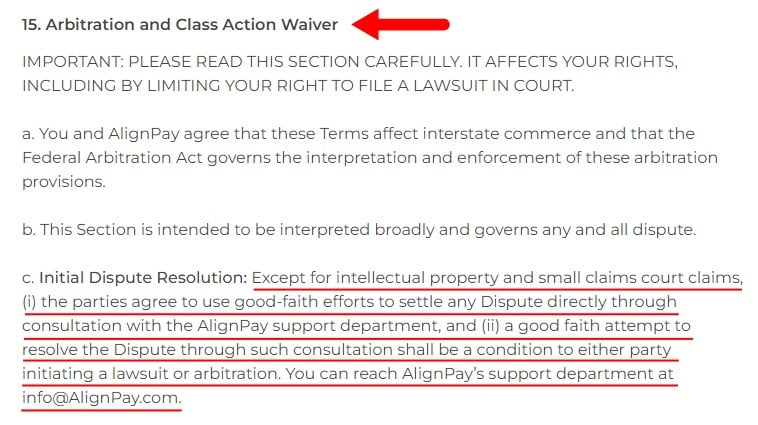 AlignPay Terms of Service: Arbitration and Class Action Waiver clause