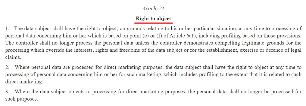 EUR-Lex GDPR Article 21 excerpt