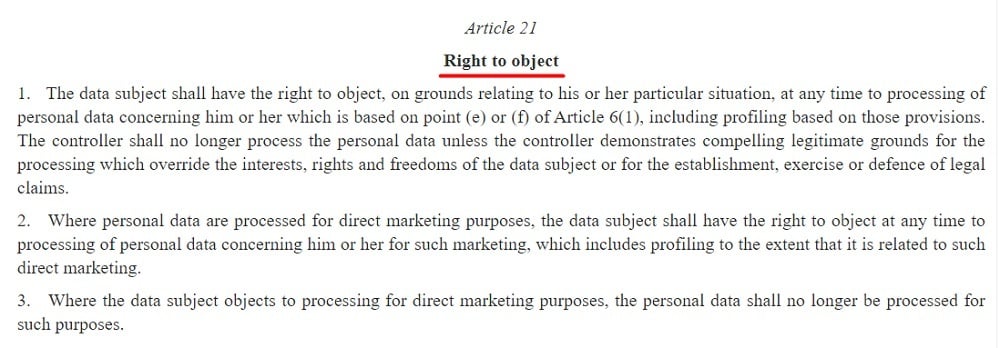 EUR-Lex GDPR Article 21 excerpt