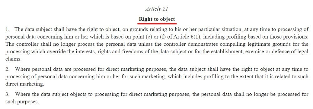 EUR-Lex GDPR Article 21 excerpt