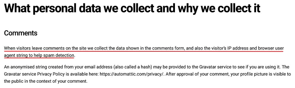 Giant Jellyfish Privacy Policy: What Personal Data we Collect and Why we Collect it clause - Comments section