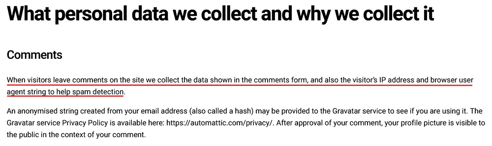 Giant Jellyfish Privacy Policy: What Personal Data we Collect and Why we Collect it clause - Comments section