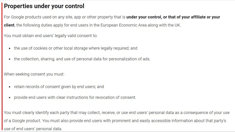 Google EU User Consent Policy: Properties under your control section