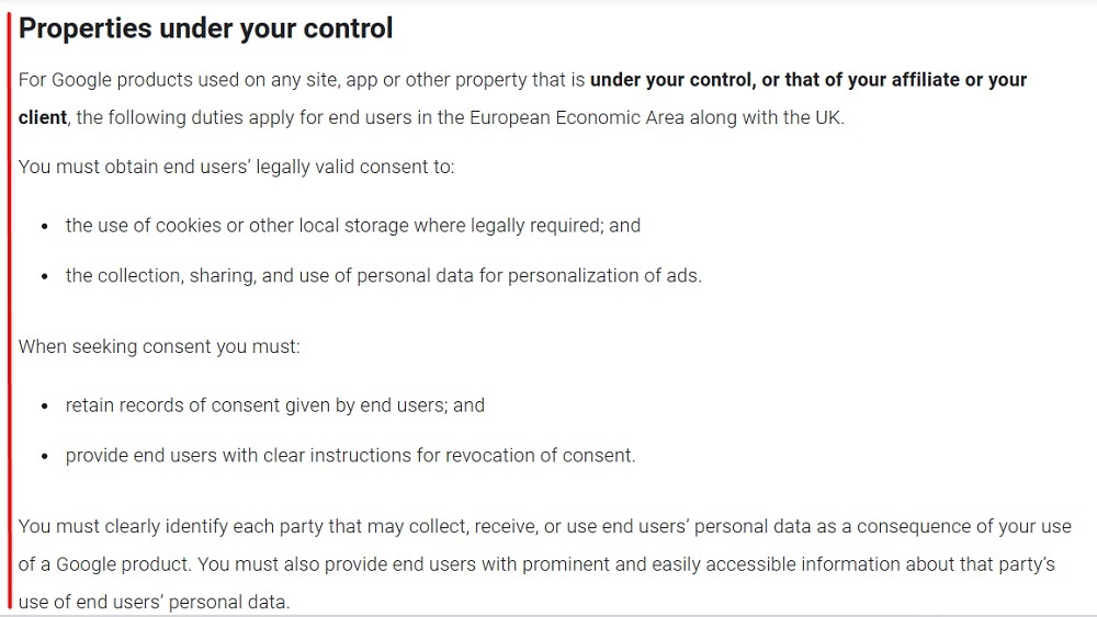 Google EU User Consent Policy: Properties under your control section