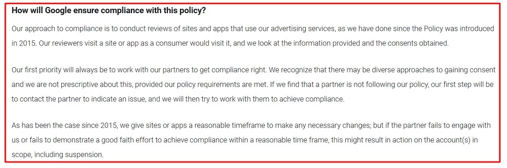 Google Help with EU User Consent Policy: How will Google ensure compliance with this policy section