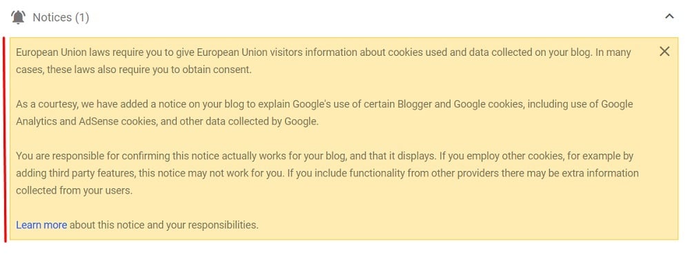 Google notice for EU countries about cookies