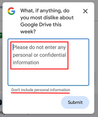 Google survey: Personal information note highlighted
