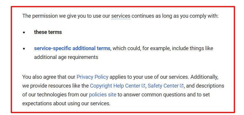 Google Terms of Service: Comply with these terms section