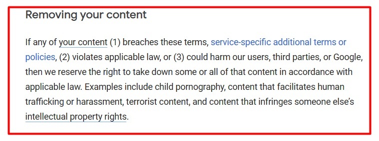 Google Terms of Service: Removing your content section