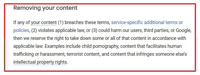 Google Terms of Service: Removing your content section