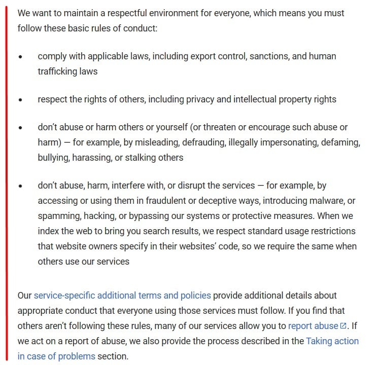 Google Terms of Service: Rules of conduct section